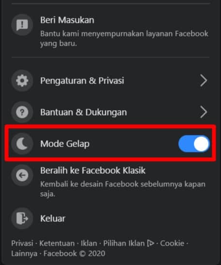 Mode Gelap Facebook Desktop
