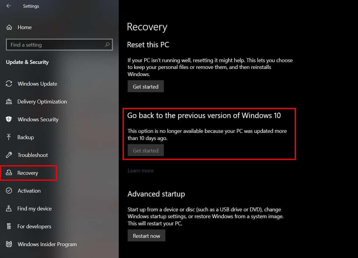 Restore versi Windows 10